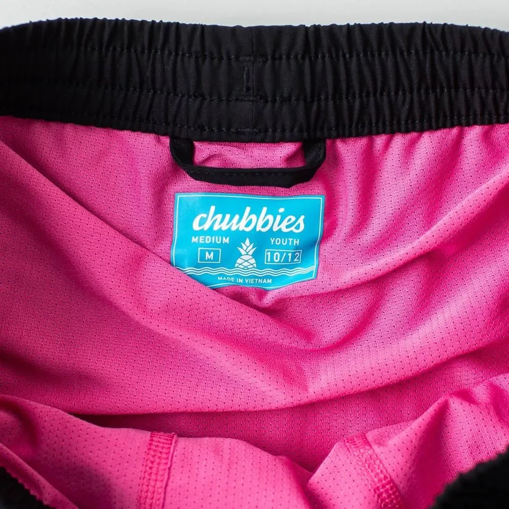 Chubbies Youth Boys M 10/12 Black Swim Trunks Shorts Pink Liner Drawstring